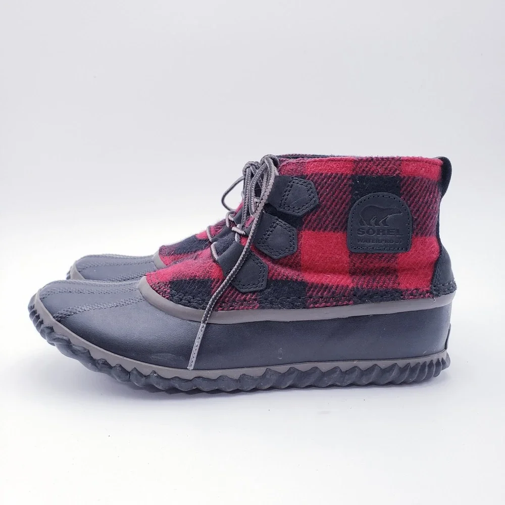 Sorel Out N About Rain Boots Red Black Buffalo Plaid Waterproof Duck Boots 8.5‎